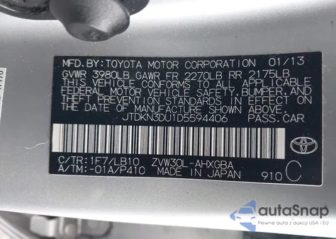 2013 Toyota Prius Four z USA, uszkodzony, nr VIN JTDKN3DU1D5594406